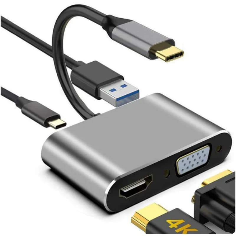 Four-in-One Type-C to HDMI Adapter Docking Station for Tablets USB-C Multi-Port Hub with SD/TF Card Reader Black