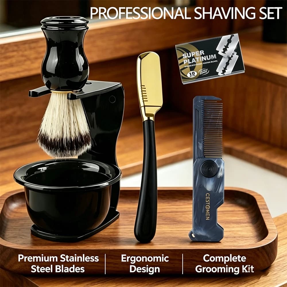 6PCS Professional Shaving Set With Brush Stand Foam Soap Bowl Manual Razor Holder Blades Moustache Comb Beard Care Tool Men Gift
