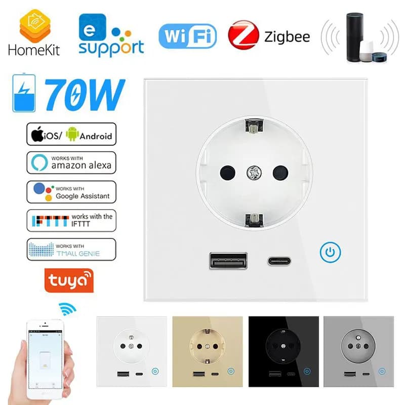 86 Tipo E-Micro WiFi Tuya Smart Home Standard UE USB + Tipo-c 65W Ricarica rapida HomeKit Zigbee Presa francese con controllo dell'interruttore