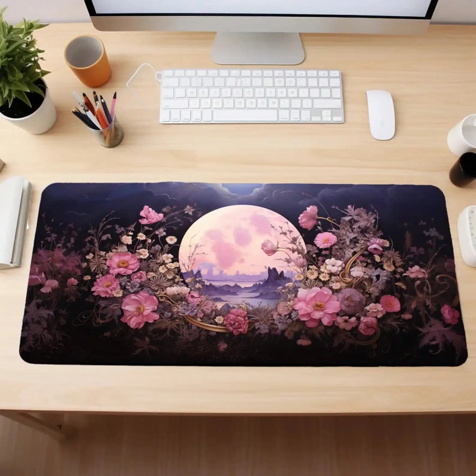 Fantasy Pink Lunar Wildflower Tappetino da scrivania, Decorazione carina per la scrivania, Tappetino per mouse Moon, Tappetino per mouse rosa, Tappetino estetico per scrivania, Tappetino da gioco Lofi (bordo piatto) Tappetino per mouse da ufficio antiscivolo di grandi dimensioni