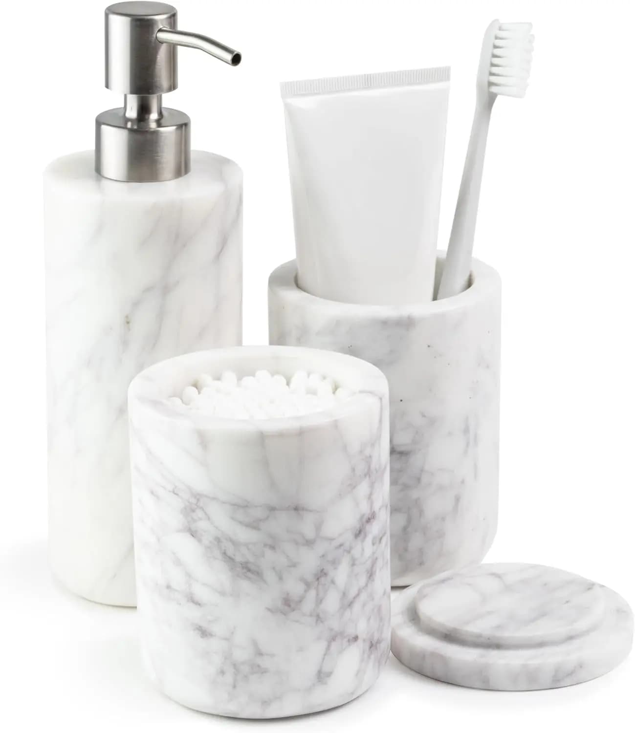 Set di Accessori per Bagno in Marmo Bianco, 3 Pezzi: Dispenser Sapone, Portaspazzolino e Contenitore con Coperchio per Arredo Bagno