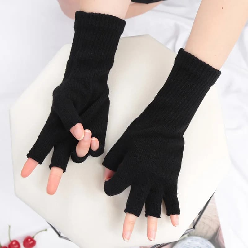 Black knitted gloves - stylish fingerless men's/women's model for cycling/safe writing/driving/work gloves - elastic gloves