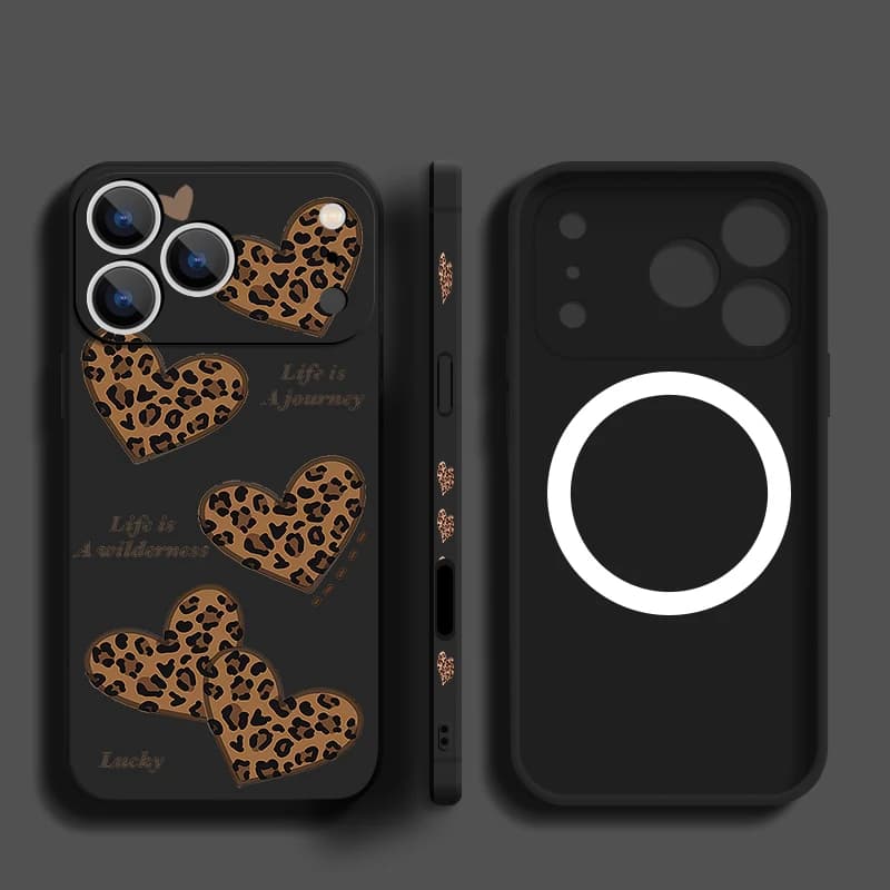 Custodia magnetica per Magsafe per iPhone 17 Pro Max Air 16E 16 15 14 13 12 Pro Max 11 Cover in TPU stampata con cuore d'amore con stampa leopardata
