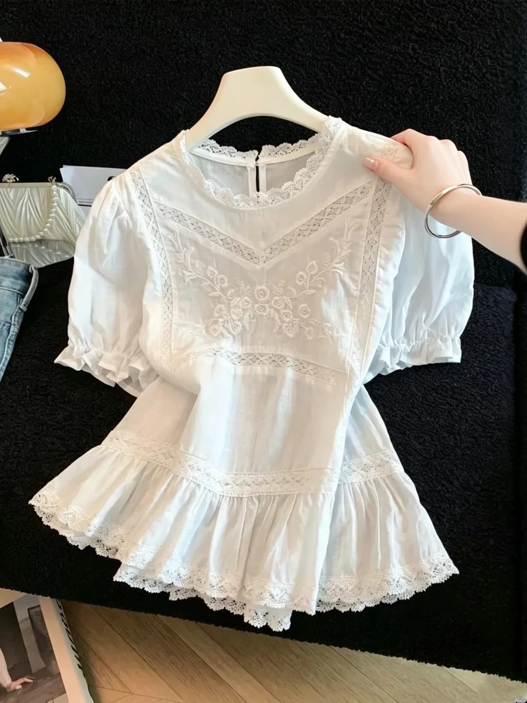 Short Sleeve round Neck Lace Embroidery Shirt with Pleated Skirt Thin Summer Top Korean Style Cotton Blend Commute Wear