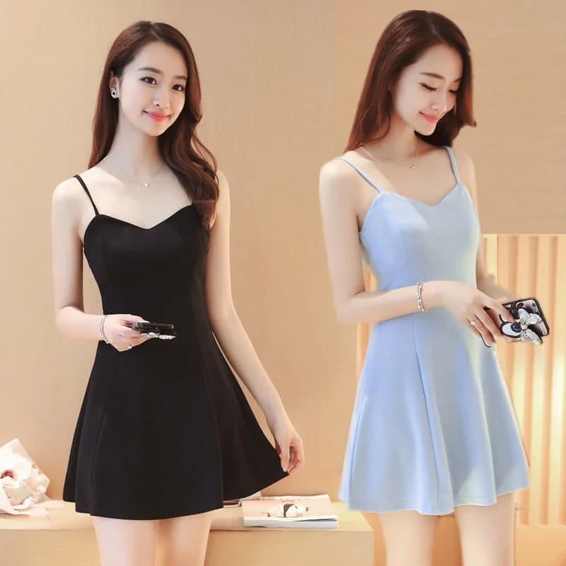 Nuovo Abito Estivo da Donna con Spalline, Sottile ed Elegante, Stile Coreano, con Scollo a V, Gonna a Trapezio, Vestito Base a Vita Alta con Chiusura a Cerniera, Ideale per il Club