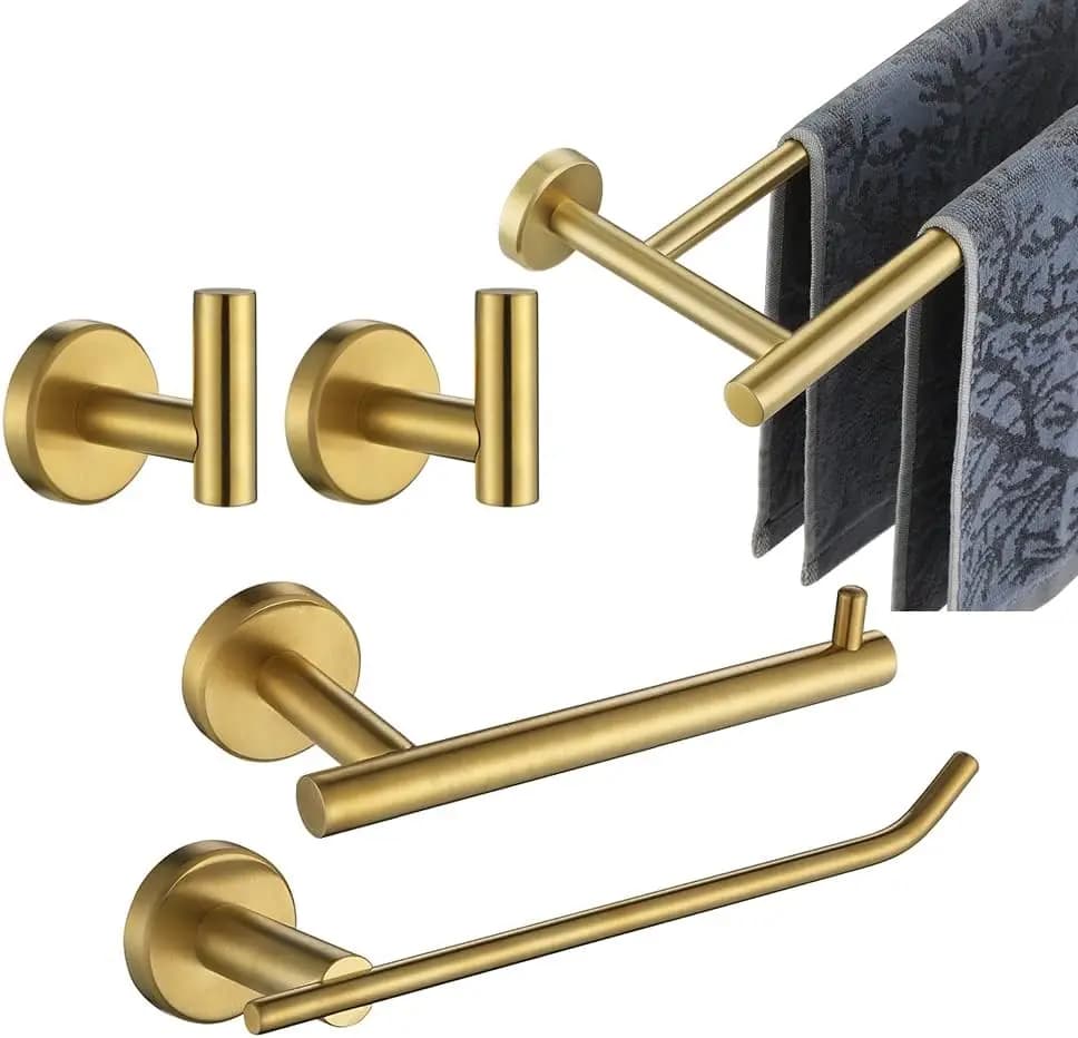 Set di Accessori per Bagno, Set di 5 Pezzi in Ottone Dorato da Parete, Include Portasciugamani da 24 Pollici, Porta TP da 9 Pollici, T