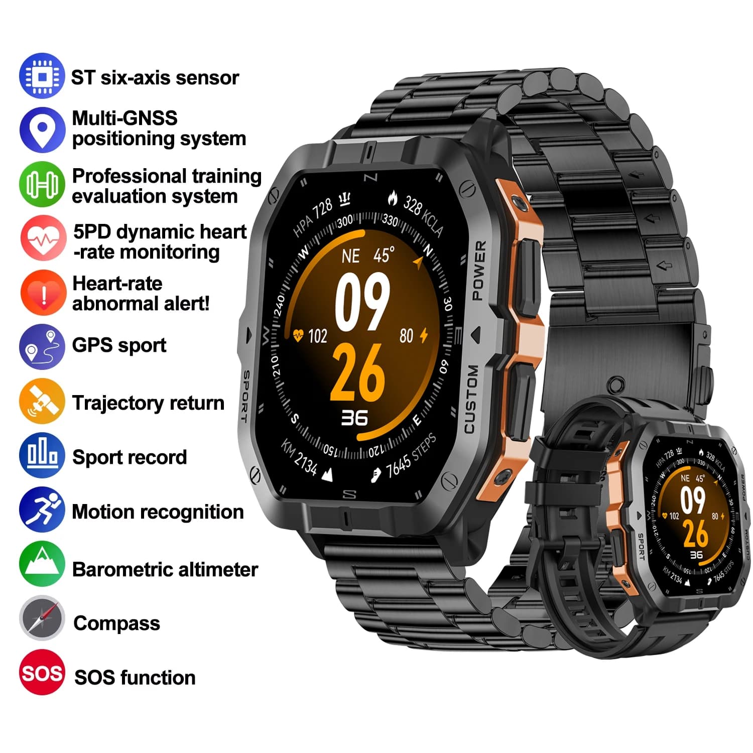 Smartwatch per uomo e donna con GPS e bussola integrate, altimetro barometrico, sensore a sei assi ST, monitoraggio della salute, funzione SOS
