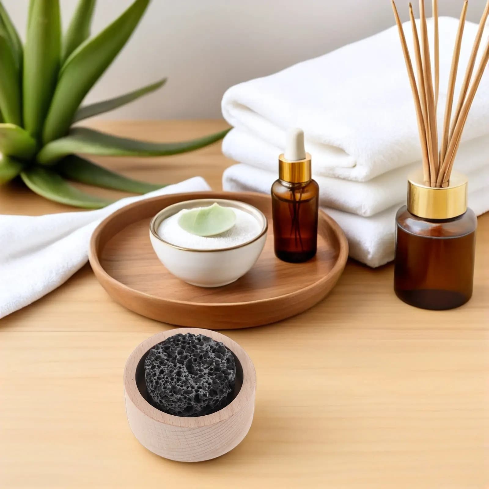 Diffusore di Oli Essenziali in Pietra Lavica con Base in Legno Naturale, Diffusore Passivo per Casa, Ufficio, Studio Yoga e Aromaterapia