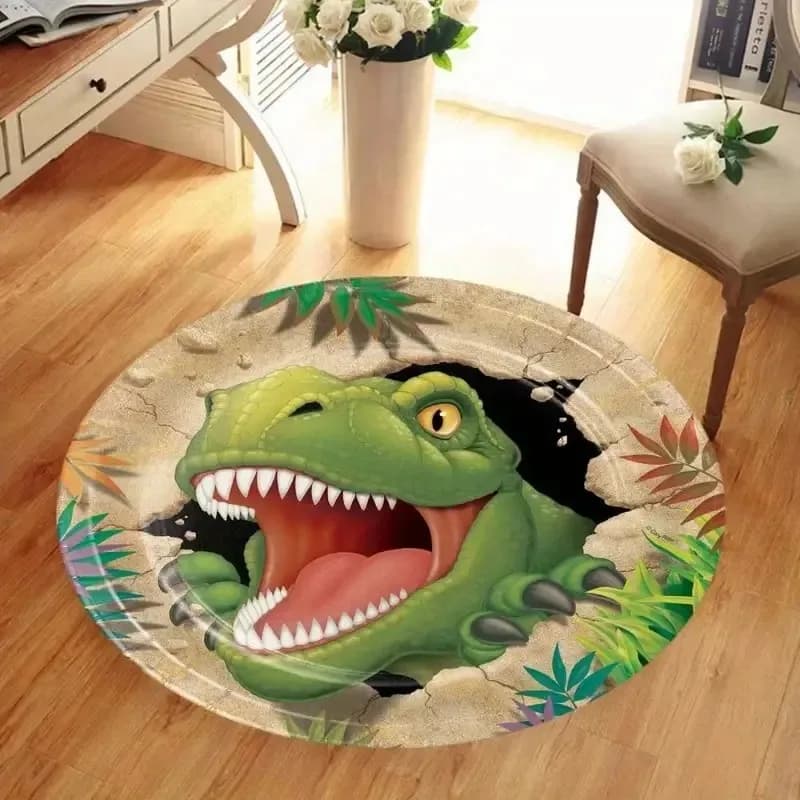 Cartoon T-Rex 3D Hole Kids Round Rug Dinosaur Pattern Carpet Children's Bedroom Playroom Decorative Floor Mat