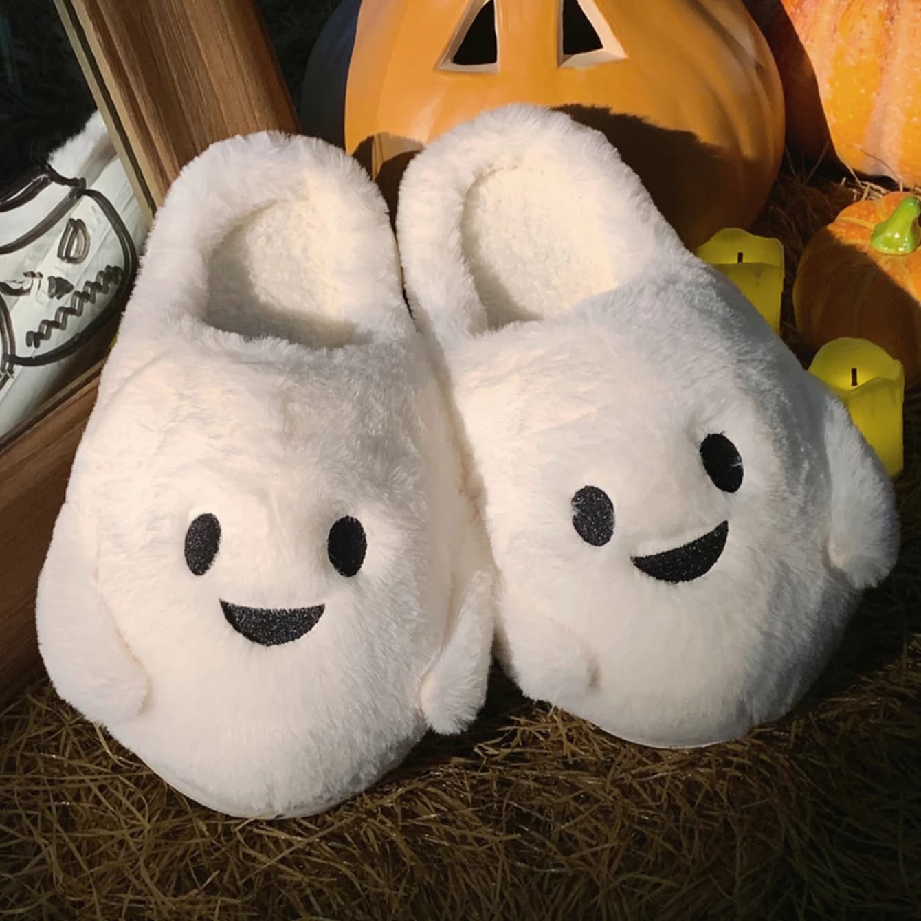 Halloween Ghost Pumpkin Bat Design pantofole invernali da donna Casual Soft Heel Platform Fur Warm Indoor comode pantofole da casa da uomo