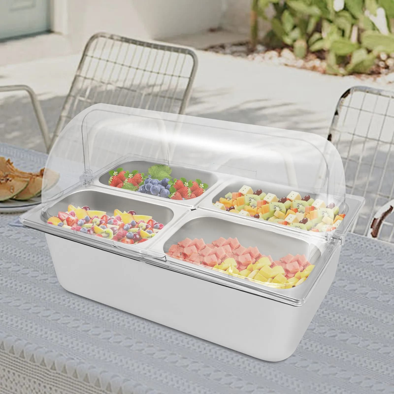 Contenitore per alimenti in acciaio inossidabile a 4 scomparti con coperchio ribaltabile e impacco di ghiaccio, set completo con 4 cucchiai e morsetti per feste