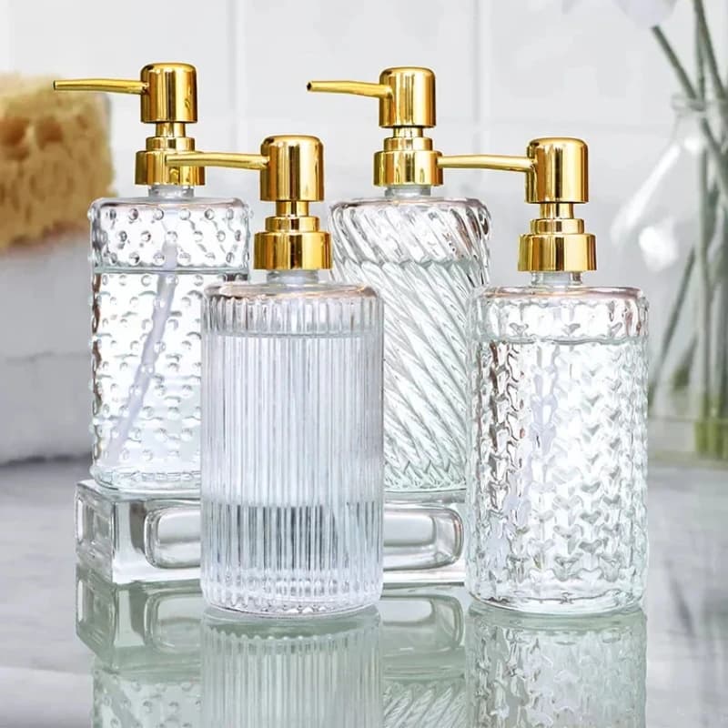 Dispenser in Vetro per Disinfettante Mani - Erogatore di Shampoo, Gel Doccia e Sapone per un'Organizzazione Elegante del Bagno e Accessori