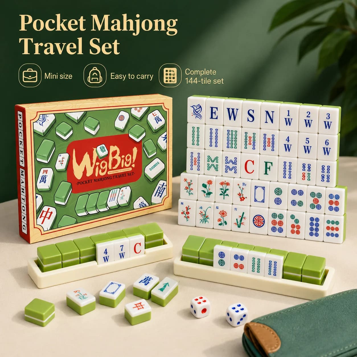Pocket Mahjong Travel Set Mini 144 Tiles Portable Mahjong Game with Storage Racks and Dice for Travel Party Board Game Toy