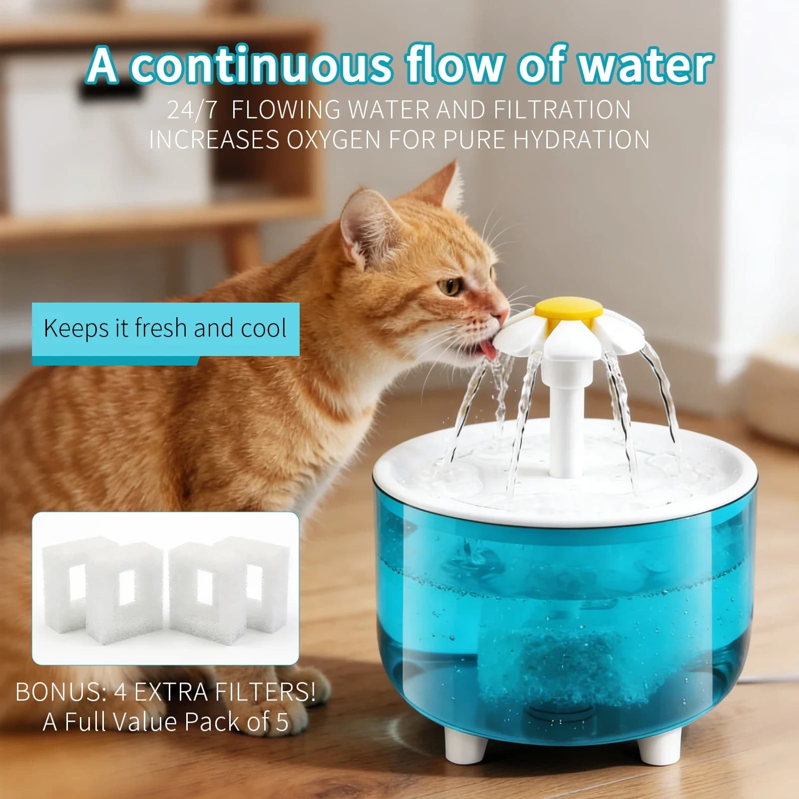 Fontanella per animali domestici con 4 filtri, filtro automatico, ciotola per gatti elettrica USB, 1200 ml, ricircolo e filtraggio, distributore d'acqua per gatti