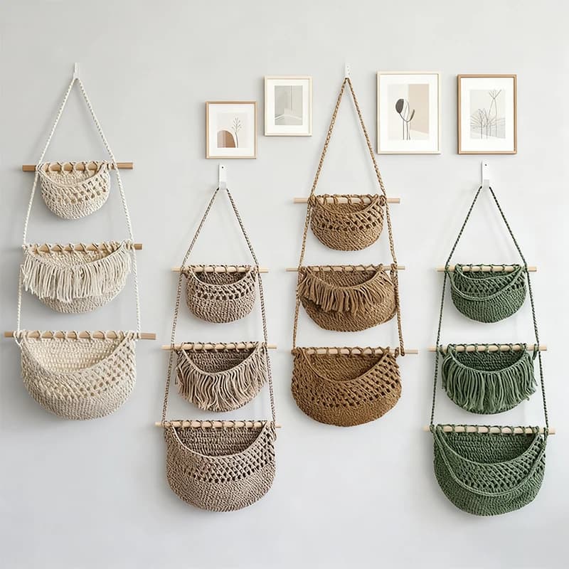 Scaffale portaoggetti a 3 livelli in corda di cotone intrecciata a mano, cesto sospeso a parete e sopra la porta, borsa portaoggetti varia in stile rustico