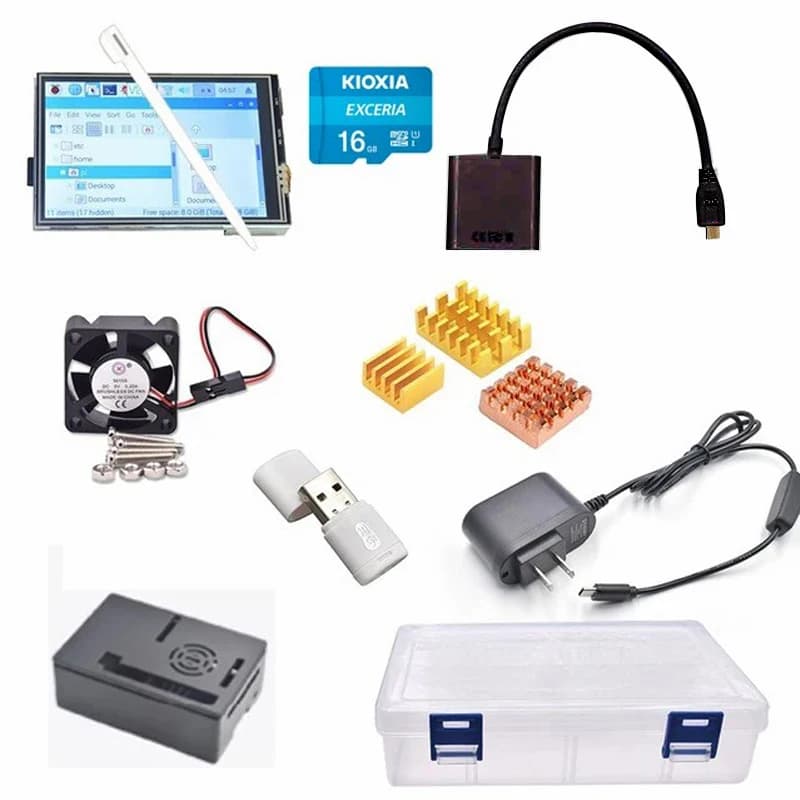 Touchscreen+Adattatore di alimentazione+Custodia+Scheda SD da 16GB+Dissipatore di calore+Scatola in plastica+Cavo HDMI per Kit Raspberry Pi 3/4 Modello B