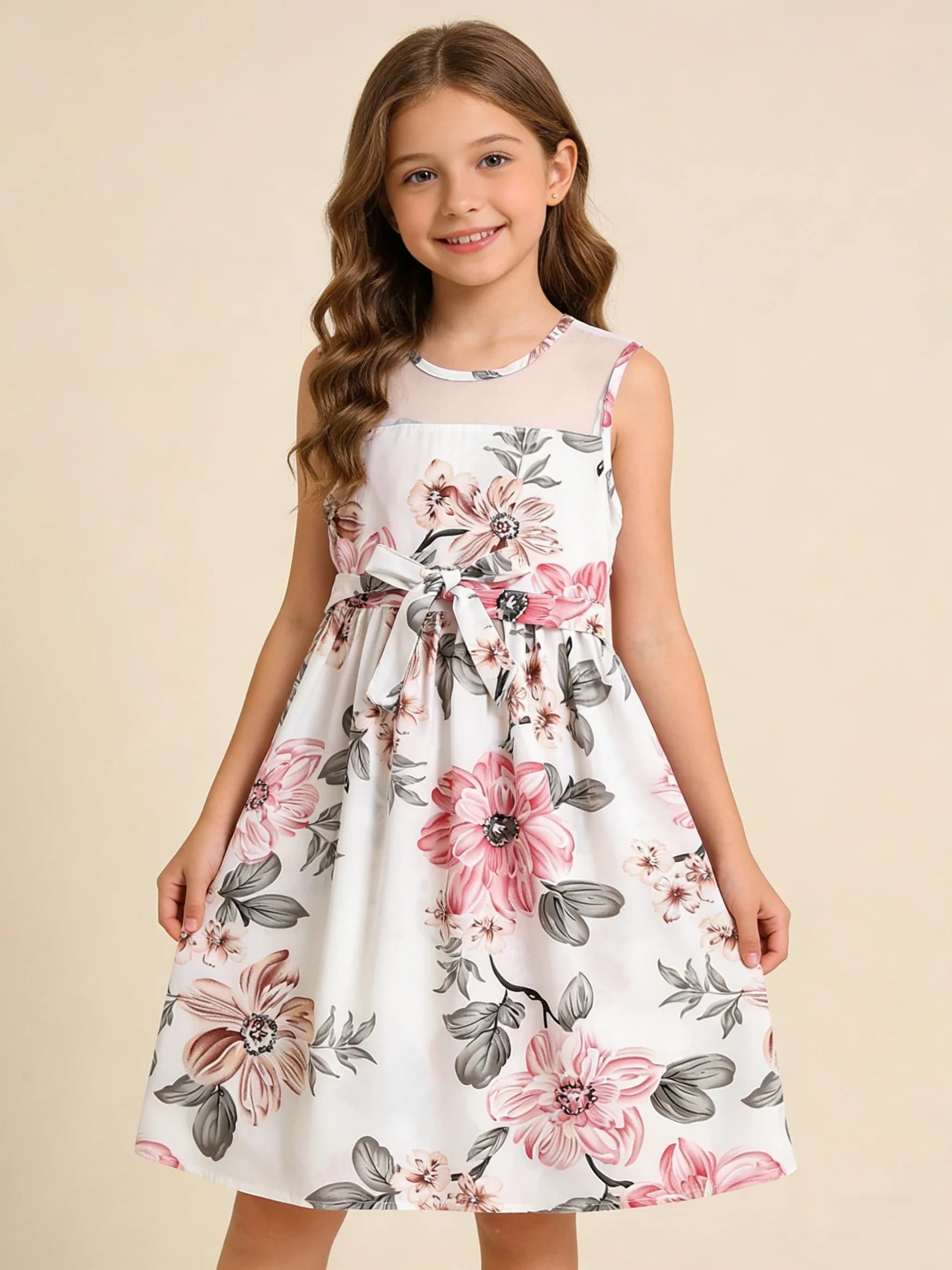 Nuovo vestito estivo da ragazza dolce e carino senza maniche con scollo rotondo e stampa floreale con patchwork in pizzo
