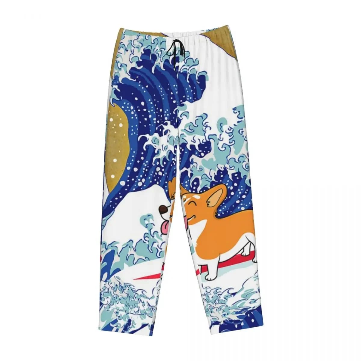 Custom Corgi Dog Surfing The Great Wave Women Pajama Pants Lounge Sleep Sleepwear Bottoms with Pockets
