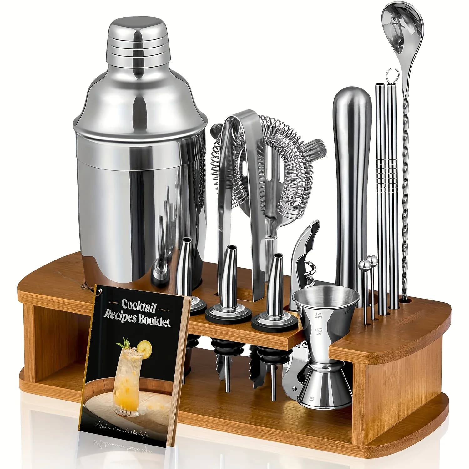 Set Shaker per Cocktail con Supporto, Kit da Barman | Set da Bar con Mixer per Drink e Tutti gli Accessori Essenziali: Shaker per Martini, Jigger, Colino, Cucchiaio Miscelatore, Muddler, Versatori per Liquori | Argentato