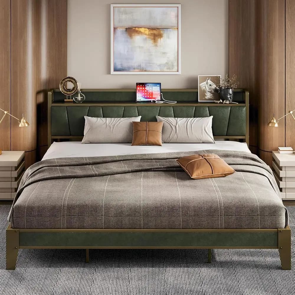 LIKIMIO King Size Bed with Storage Panel and Charging Station, Solid and Stable, Silent, Non-Requires Dam Network, Easy Installation (k Gre
