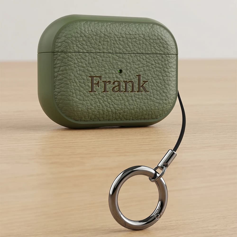 Customizable Laser Engraved Name Earphone Case Lychee Texture Leather Protective Cover With Anti-Lost Ring