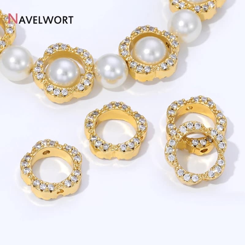 18K Gold Plated Brass Zircon Flower Bead Frame Beads Connector,For DIY Bracelet Necklace Making Accessories