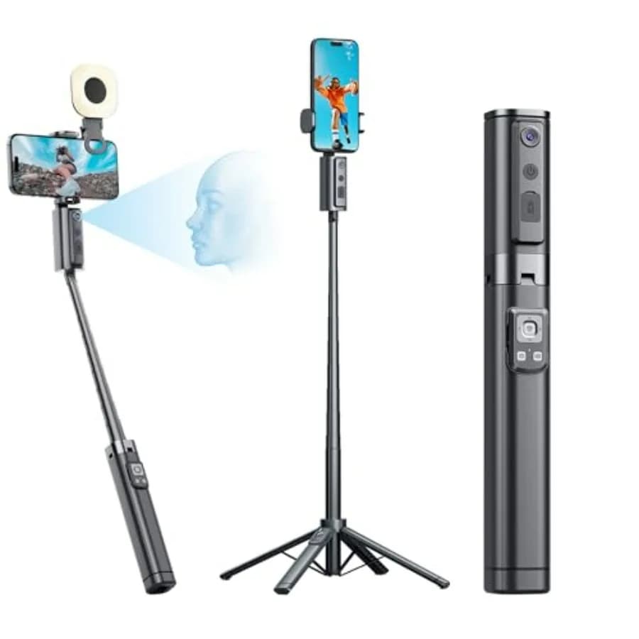 Treppiede con Tracciamento Automatico del Viso 2026 per iPhone, Bastone Selfie con Rotazione a 360°, Telecomando e Controllo Gestuale, Nero, per Vlog e Live Streaming