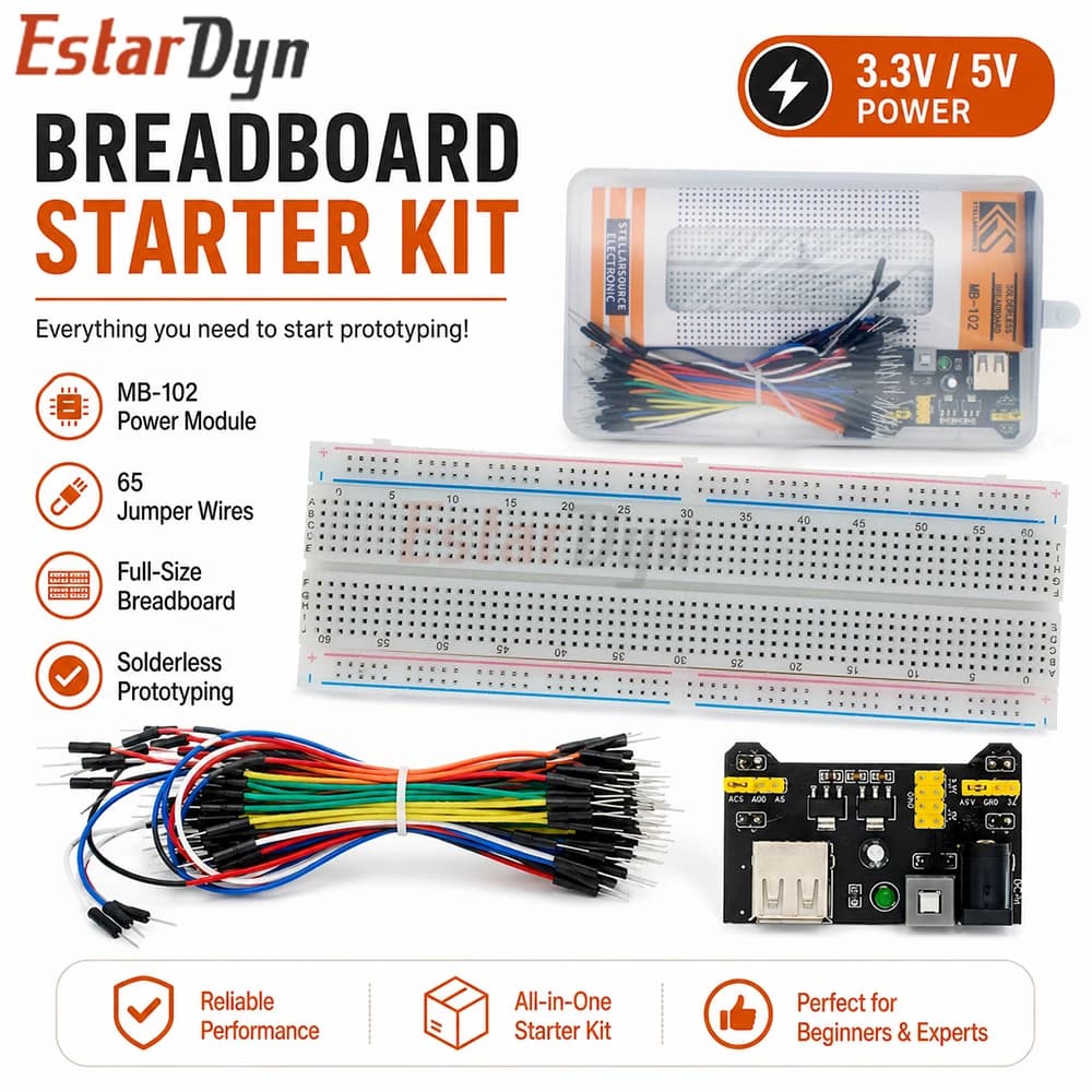 EstarDyn MB-102 830 Tie Points Solderless Prototype Breadboard Kit 3.3V/5V Power Module 65 Flexible Jumper Wires