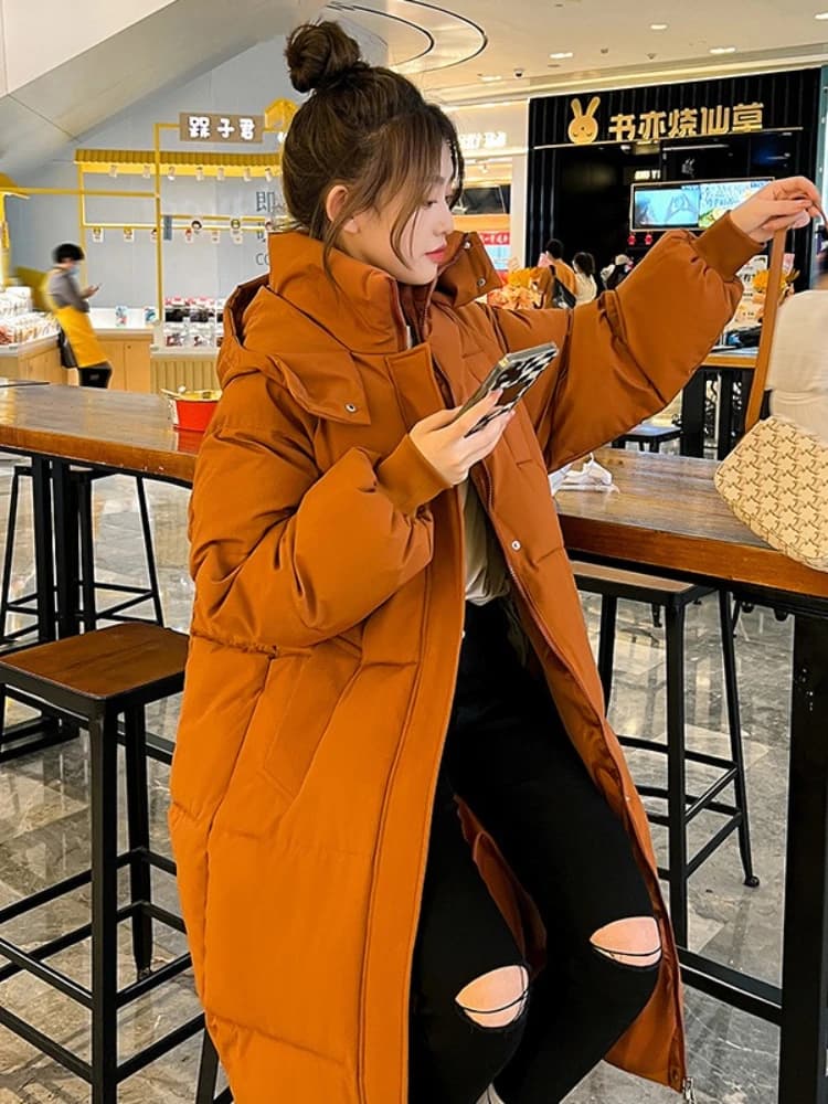 Long Thickened Down Cotton Bread Style Coat Women's Winter 2026 Outerwear Korean Loose Long Knee Length Solid Hooded Jacket