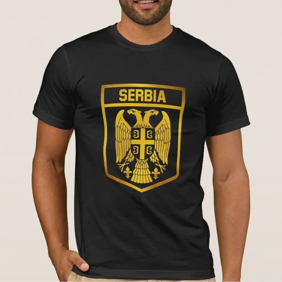Men's patriotic gift t-shirt printed with Golden Serbia coat of arms. Unisex T-shirt with short sleeve neck in summer cotton New S-3XL