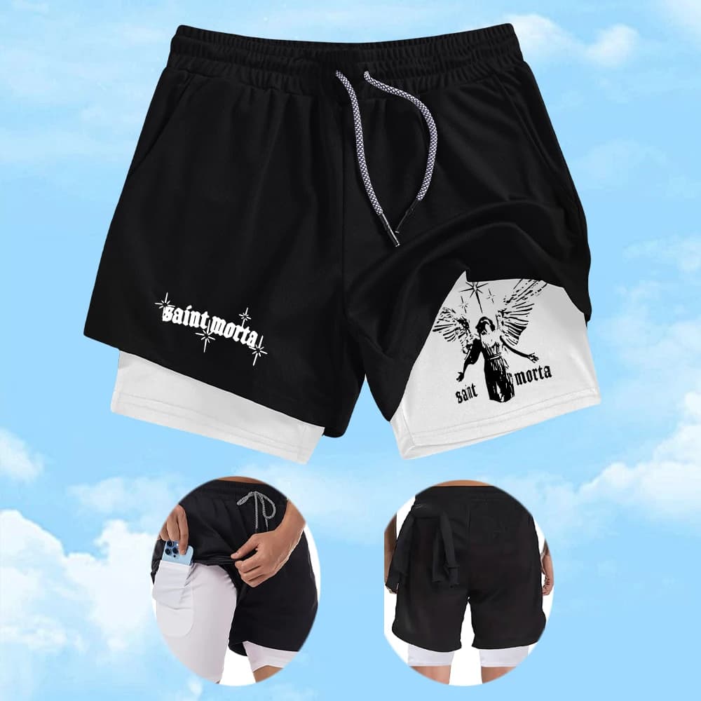 Pantaloncini sportivi a doppio strato ad asciugatura rapida da uomo, eleganti pantaloni da allenamento per basket con stampa Angel, traspiranti, per fitness e corsa