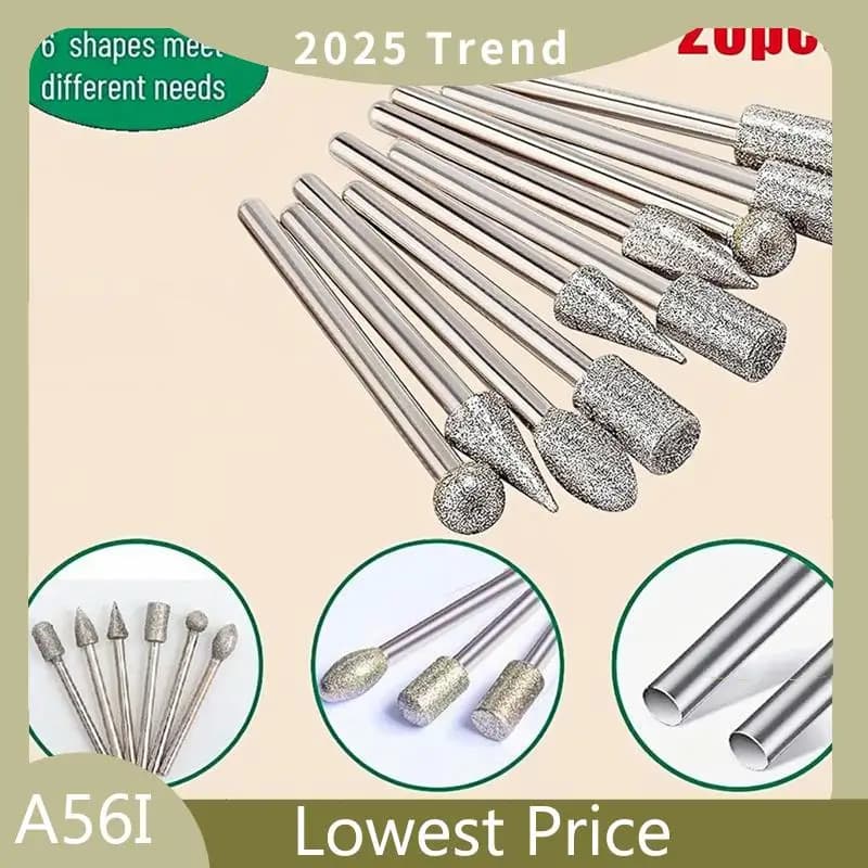 【Ship Within 20Pcs Diamond Grinding Bits 120 Grit 1/8" Shank Diamond Coated Rotary Burr Set Fits Most Rotary Tools, Jewelry Maki