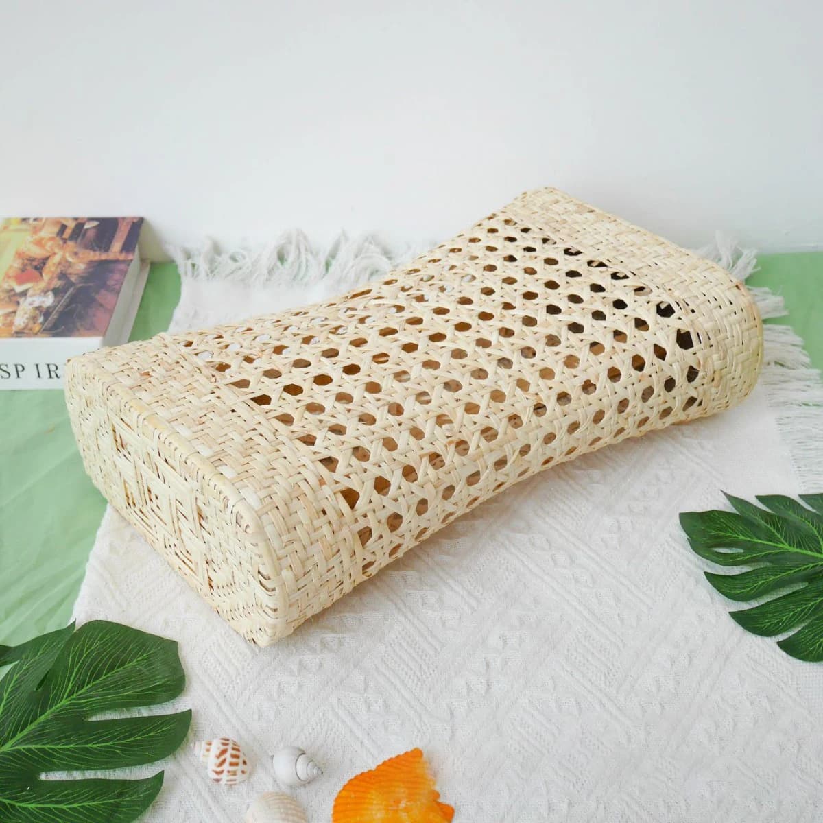 Cuscino in Paglia Intrecciato a Mano - Poggiatesta Estivo Traspirante in Rattan Naturale Intagliato per Casa, Viaggi e Yoga
