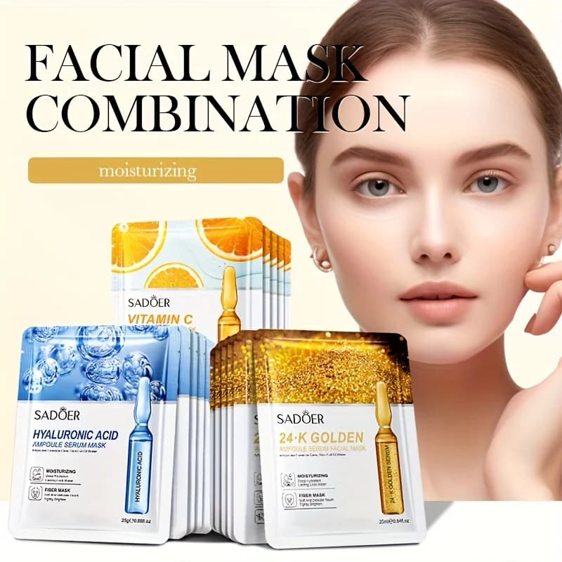 Pack of 10 Essential Masks with Hyaluronic Acid, Vitamin C and Collagen for Hydratation and Rassodation