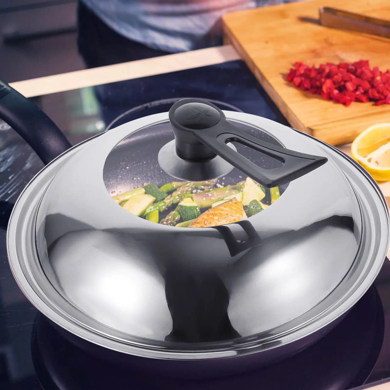 Premium Stainless Steel Pan Lid Featuring Clear Glass Window Comfort Grip Anti-Scald Handle Fits Most Cookware Including Frying