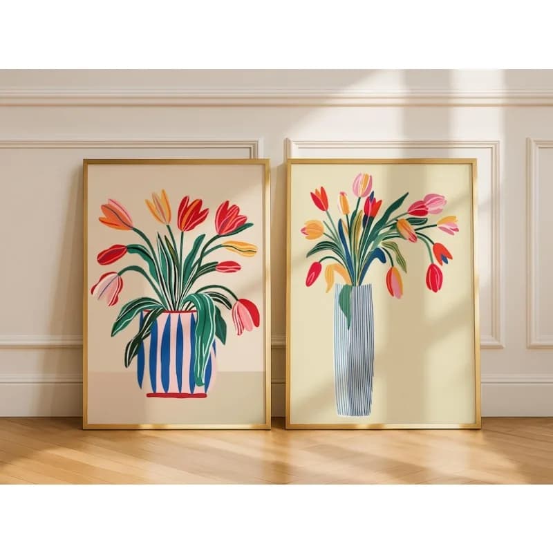 2 pieces of mural decorations on canvas with tulip flowers, modern floral prints without frame, bold botanical art works for the furnishing of the living room and kitchen