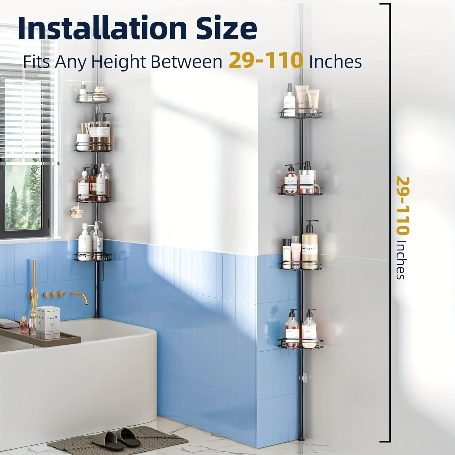 Adjustable 4-Tier Corner Shower Caddy with Tension Rod – Space-Saving Bathroom Organizer for Shelves, Bottles, and Toiletries