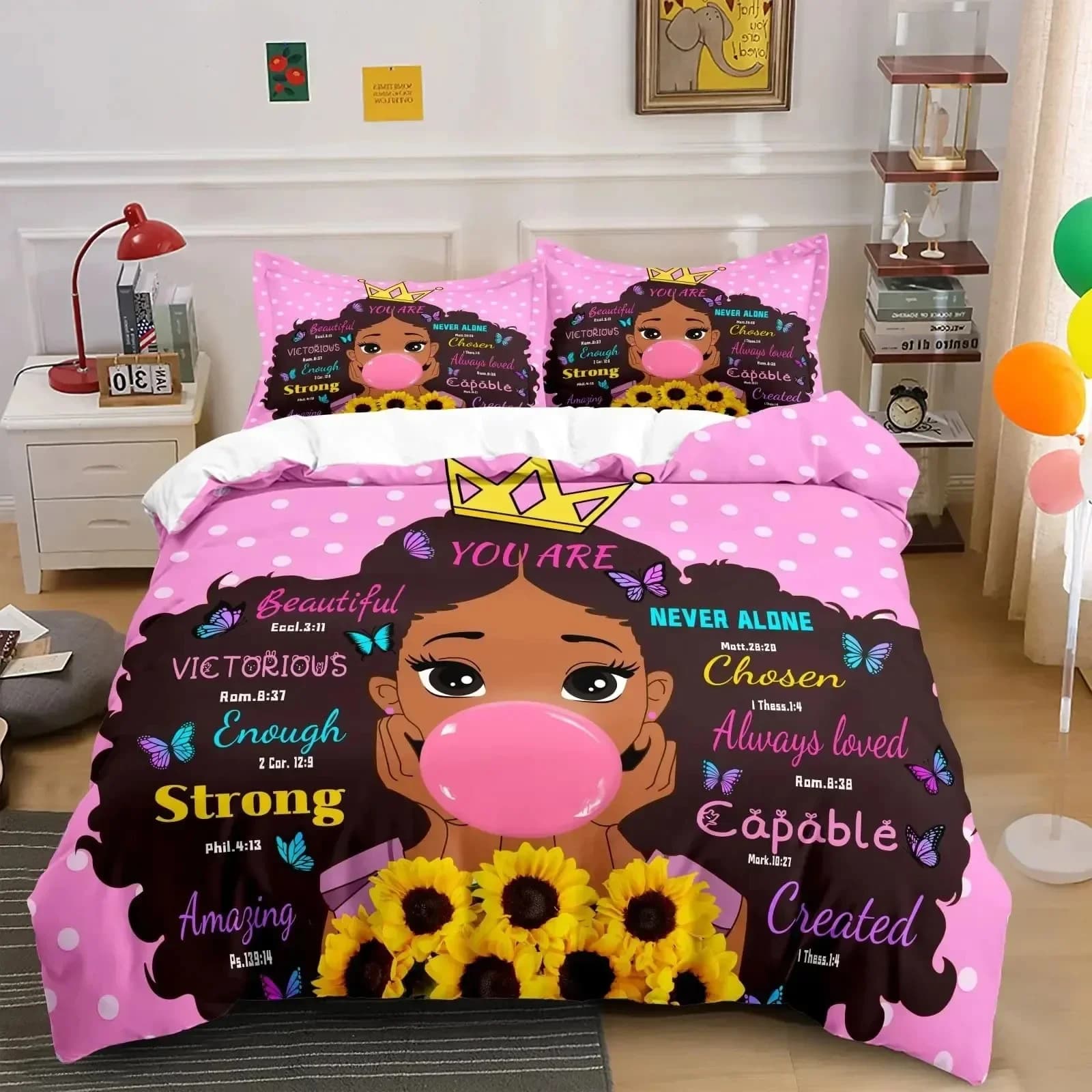 Set copripiumino per ragazza nera americana, set biancheria da letto magica per ragazza nera a grandezza naturale, set copripiumino carino piccola principessa afro nera