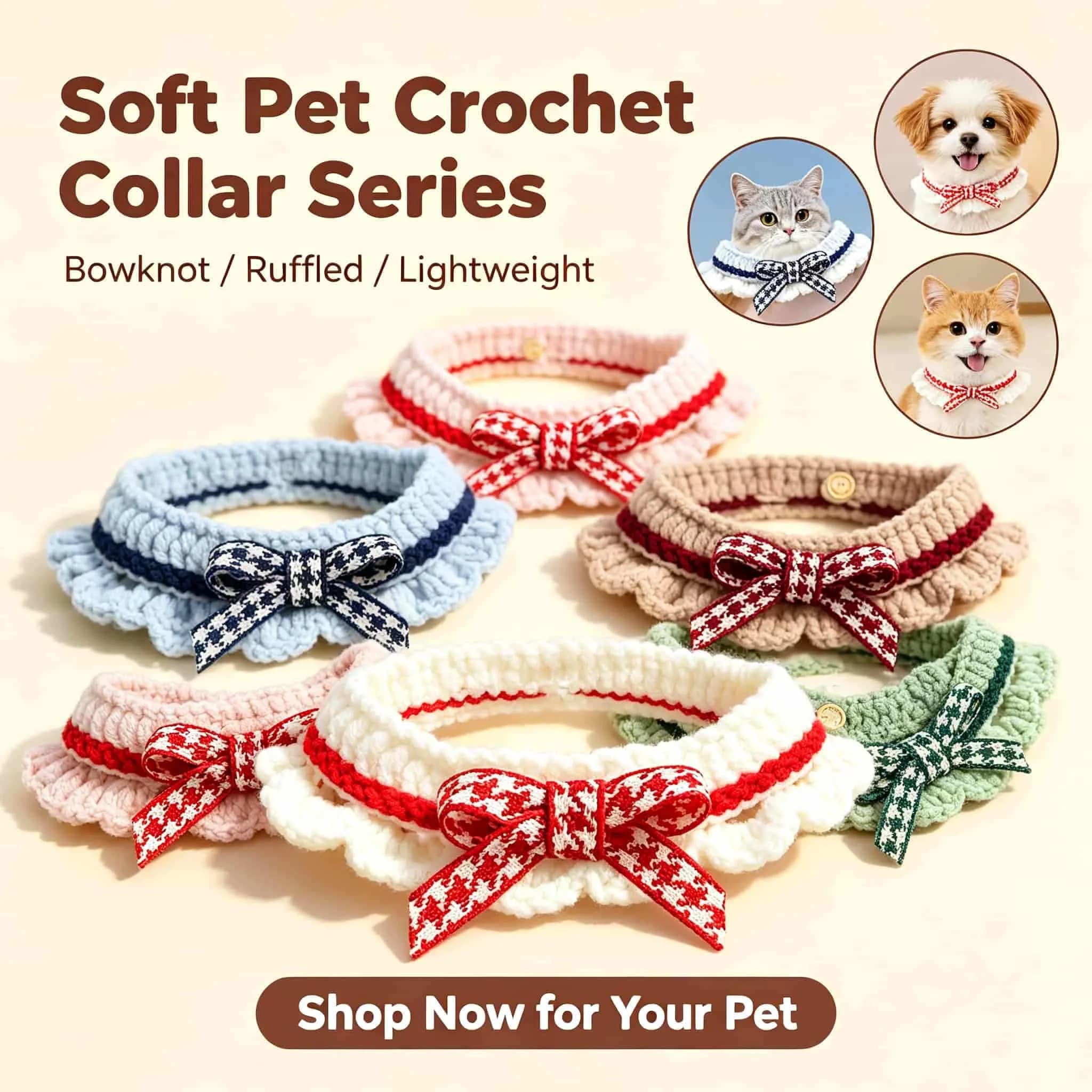 Handmade Crochet Pet Collar Cute Bowknot Knitted Lace Neck Collar Adjustable Soft Wool Necklace for Cats Small Puppy Dog