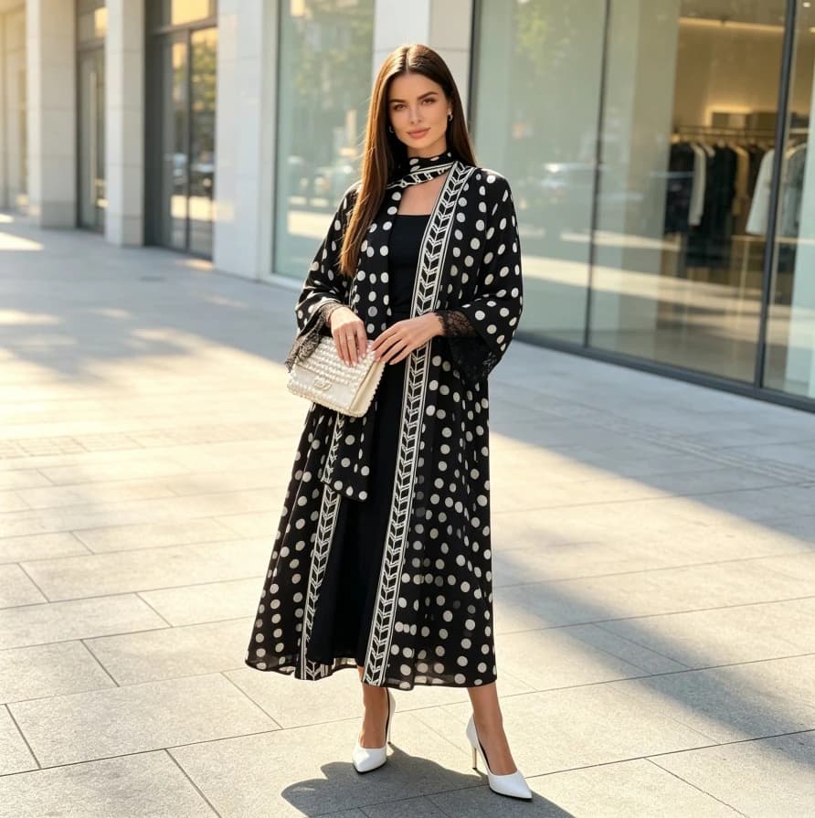 Women 2 Piece Set Polka Dot Eid Abaya Scarf Muslim Cardigan Headscarf Print Open Dress Vestidos Ramadan Dubai Kaftan Long Robe