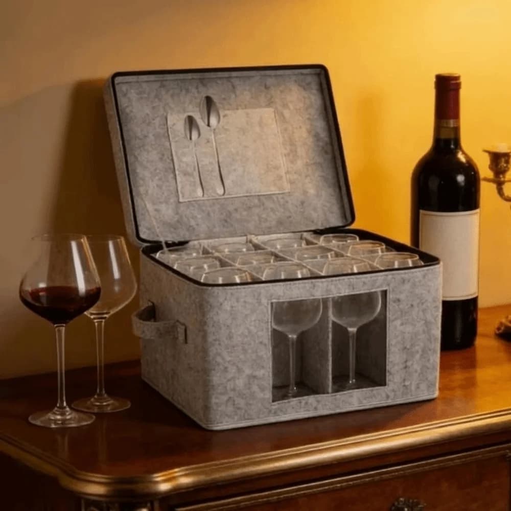 Felt Wine Glass Storage Box Dust-proof Folding 12 Goblet Finishing Box Space Saving Hard Shell Stemware Storage Container