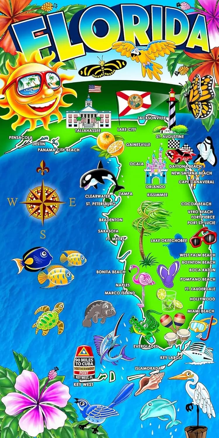 Asciugamano da spiaggia Florida Landmarks, asciugamano da bagno assorbente in misto cotone souvenir Sunshine State per viaggi in piscina e vacanze