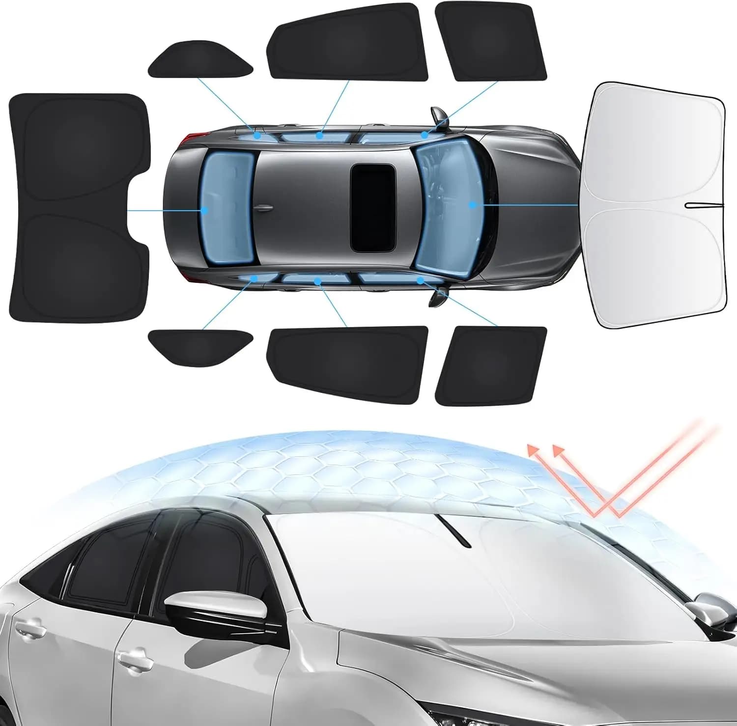 Kit Parasole per Parabrezza 8 Pezzi per Honda Civic 10a Gen 2016-2021, Blocca UV e Calore, Visiera Pieghevole per Privacy