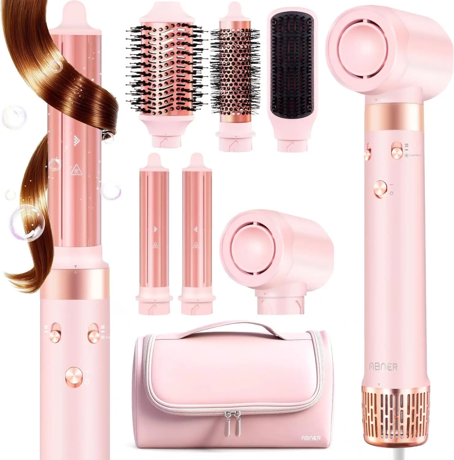 Styler ad aria calda 6-in-1: Spazzola Asciugacapelli, Arricciacapelli, Piastra - Asciugatura Rapida, Resistente al Calore, Borsa da Viaggio per Donne