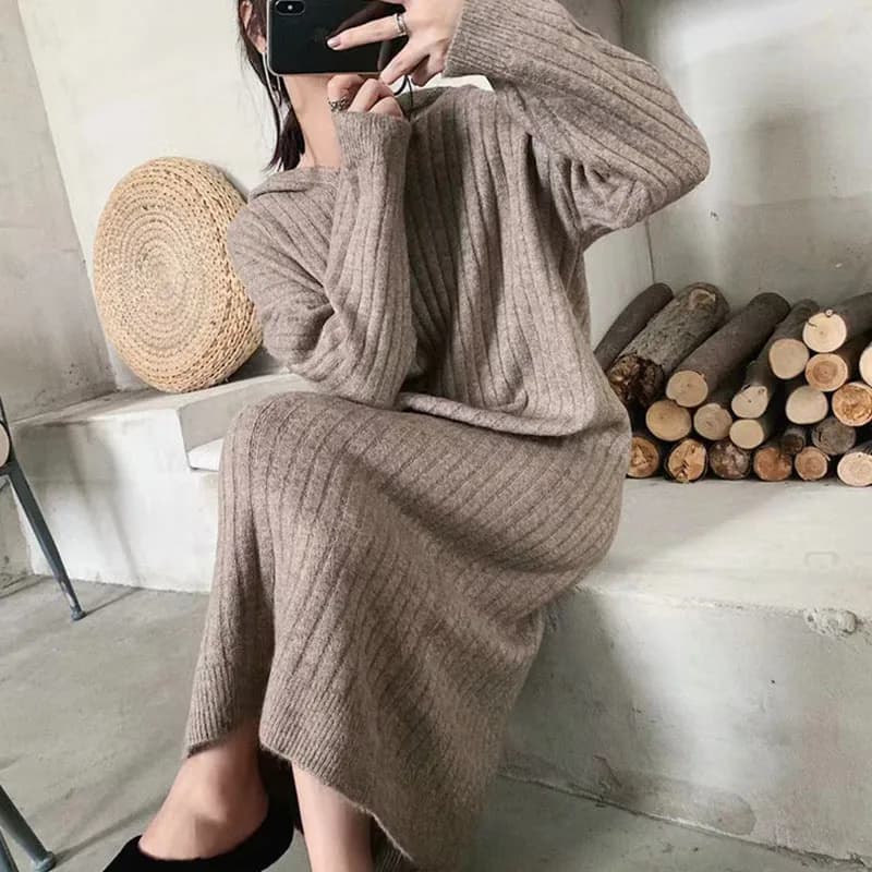Abito ampio con cappuccio autunno/inverno taglie forti lungo in lana lavorata a maglia con calda gonna lunga da donna all'interno