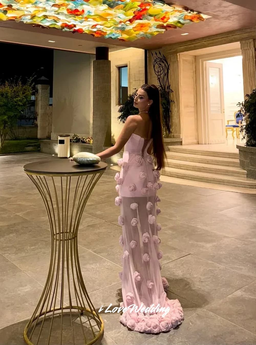 Abito da sera rosa senza spalline 2025 Sweetheart senza maniche Backless Lace-Up Sirena Fiore 3D Split pavimento-lunghezza Pieghettato Personalizzato