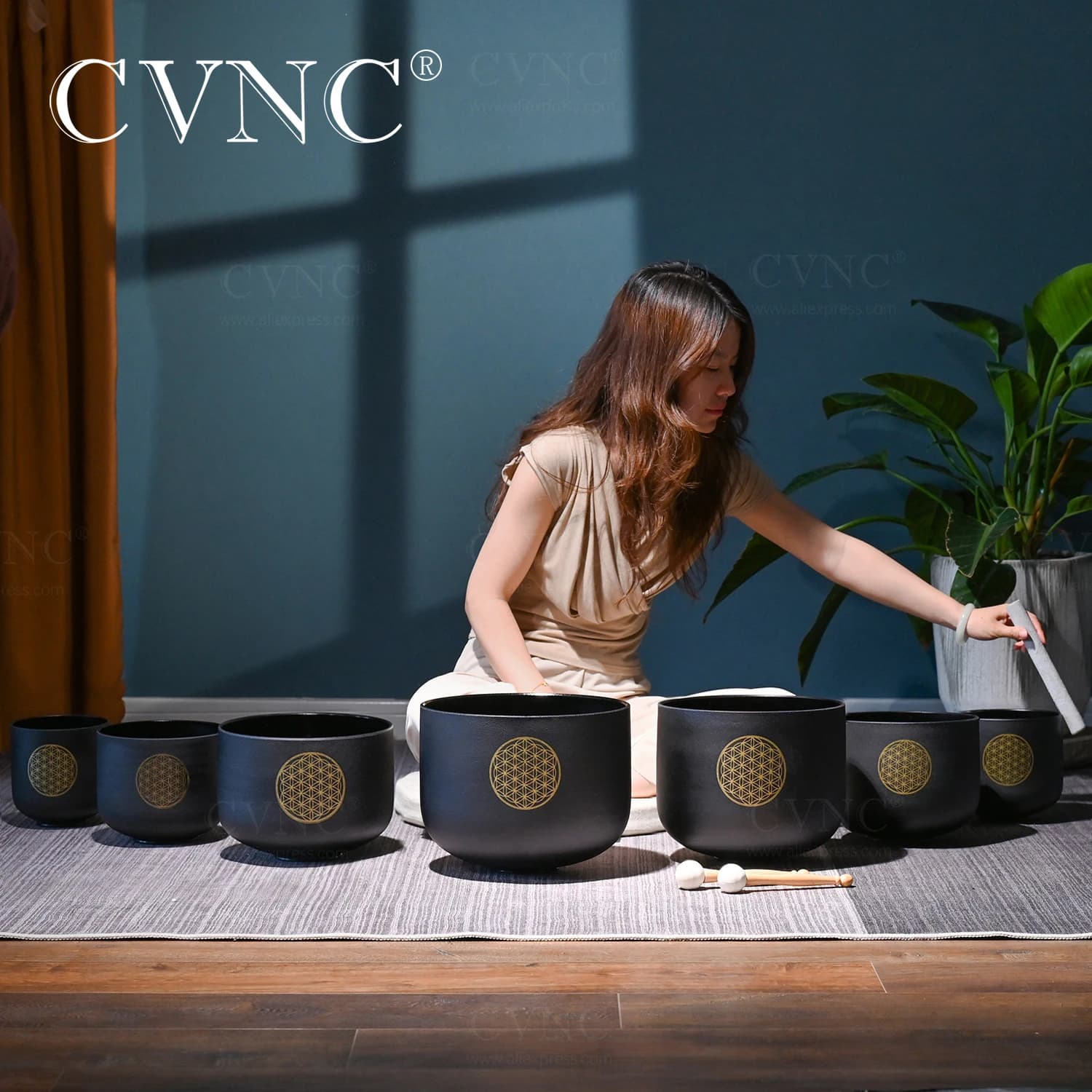 CVNC 6-12" Double Black Flower of Life Design Quartz Crystal Singing Bowls set 7pcs Chakra for Sound Healing with Bags