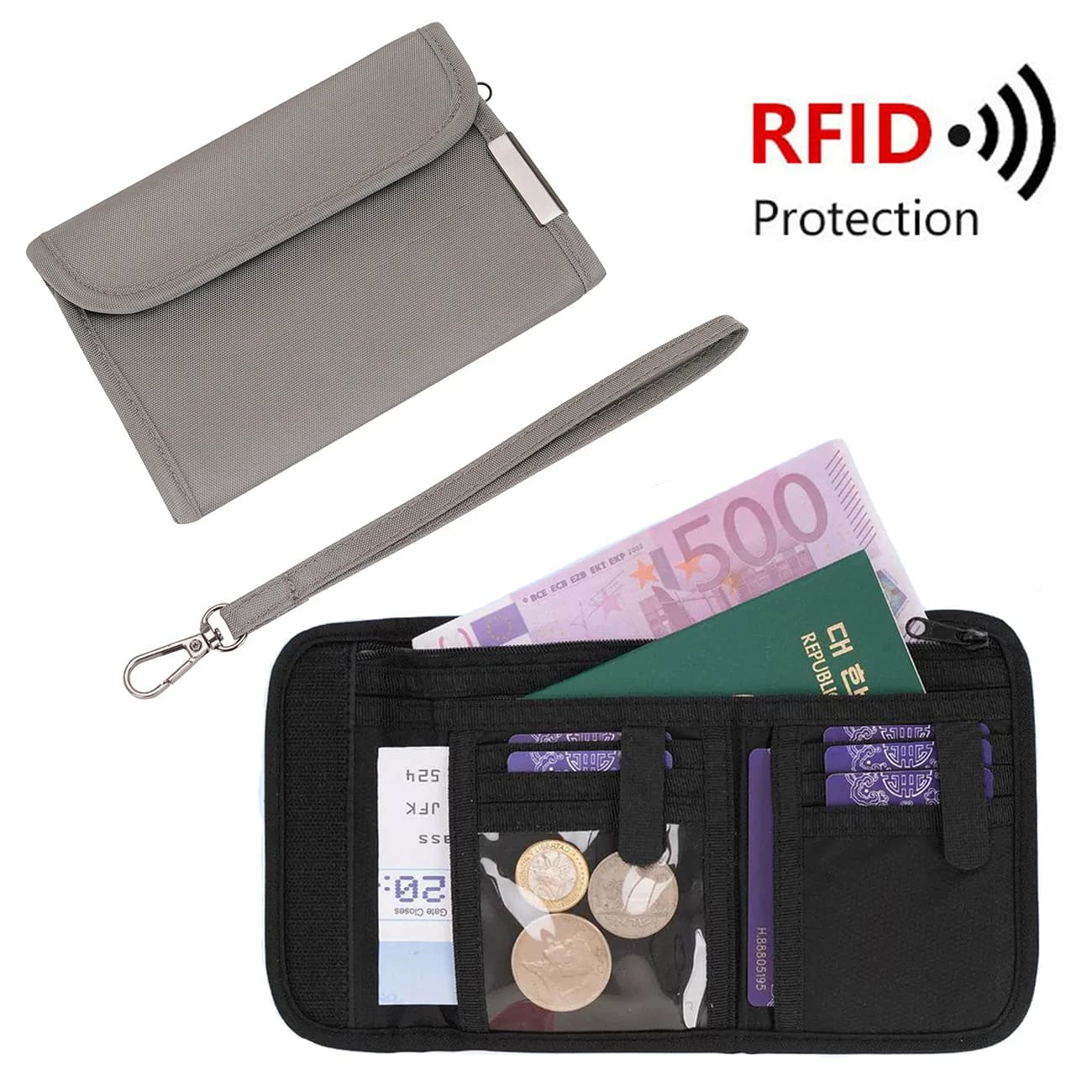 Portafoglio Corto Trifold in Nylon con Blocco RFID per Uomo/Donna, con Molteplici Scomparti per Carte, Porta Passaporto e Documenti, Organizzatore per Monete