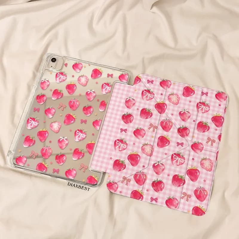 Custodia per Tablet Rosa Fragola con Fiocco Stile Coreano per iPad Pro 11 13 M2 M4 M3 9.7 10.2 5/6a 7/8/9/10/11a Gen Mini 6 7 Air 3 4 5 6 con Funzione Stand