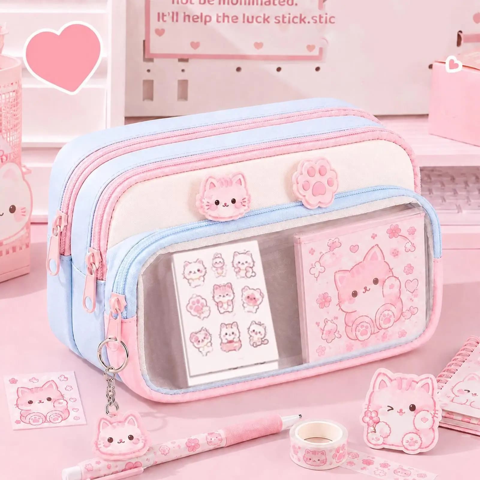 Pencil Pouch Large Capacity Zipper Aesthetic Stationery Pouch Cute Cat Pencil Case Set for Classroom College Travel Studio